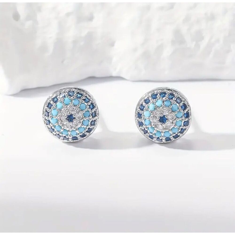 Chic Sterling Silver Evil Eye Stud Earrings Blue Zirconia Protection Spiritual - Picture 3 of 4